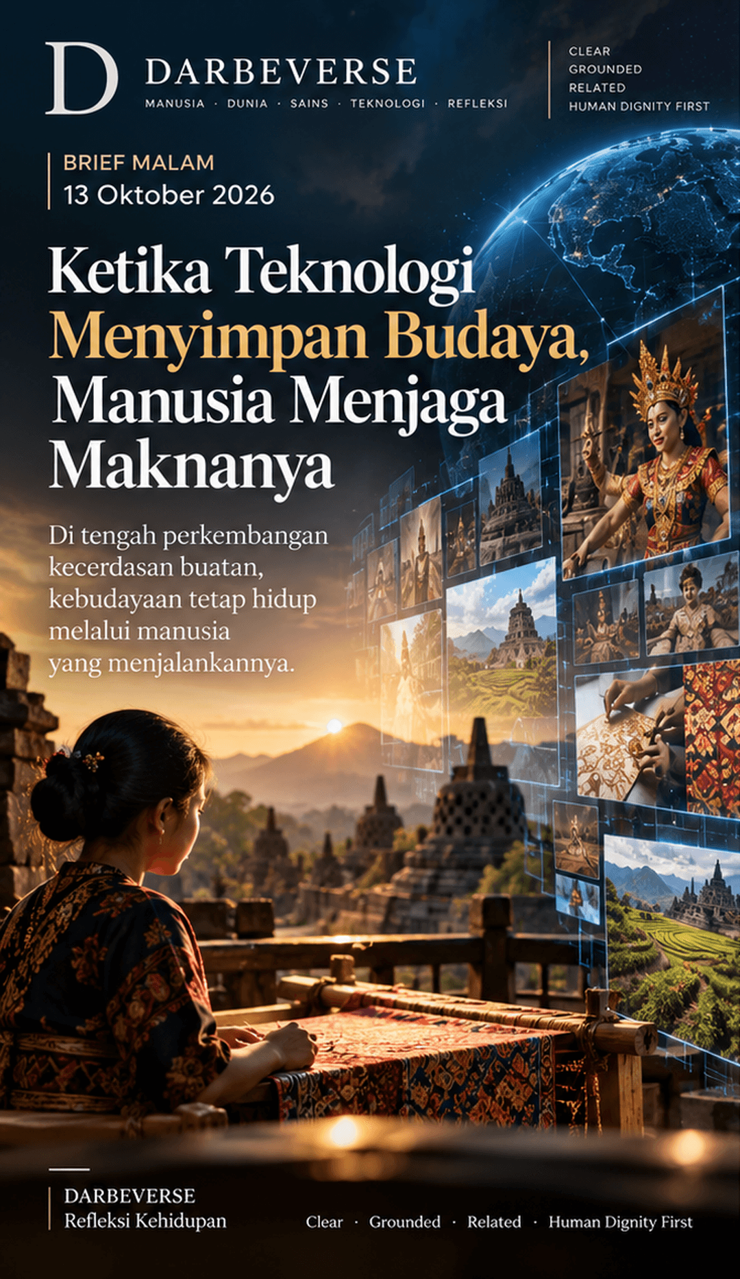 Ilustrasi editorial AI tentang teknologi, budaya, dan manusia. Bukan foto peristiwa.