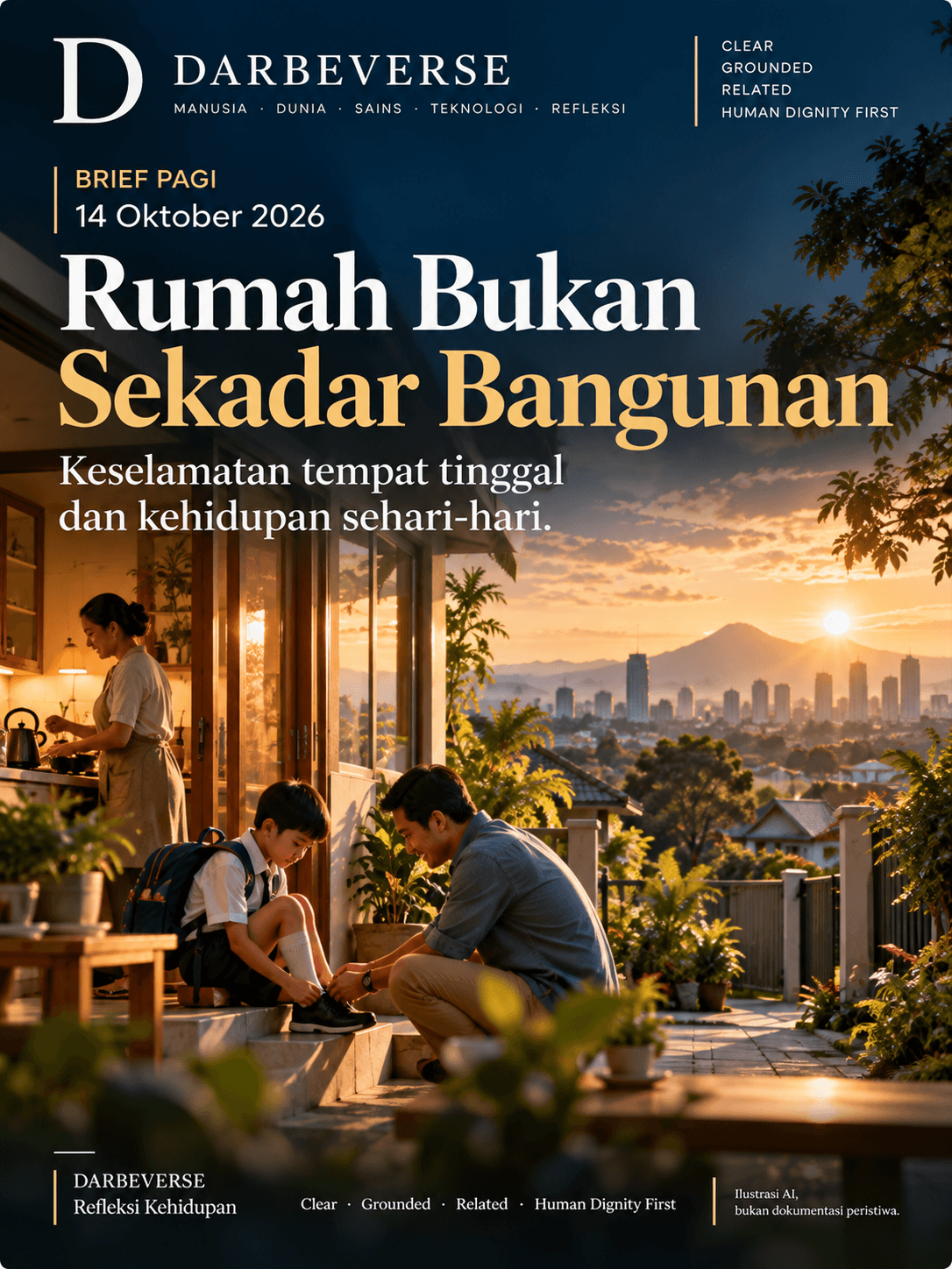 Ilustrasi editorial AI suasana keluarga di rumah pada pagi hari, bukan dokumentasi bencana.
