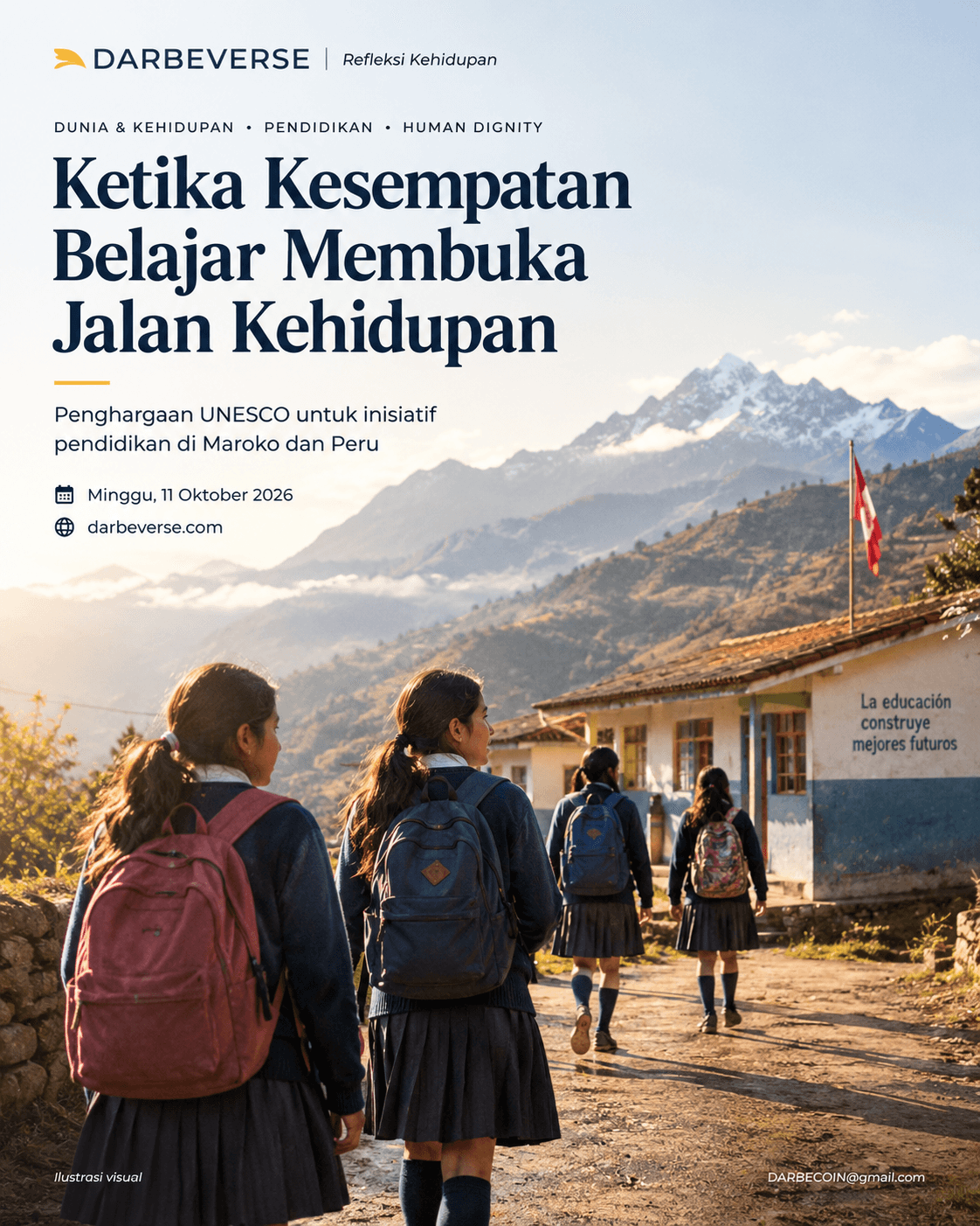 Ilustrasi anak-anak perempuan menuju sekolah di wilayah pegunungan Peru pada pagi hari, dengan judul Darbeverse tentang kesempatan belajar.