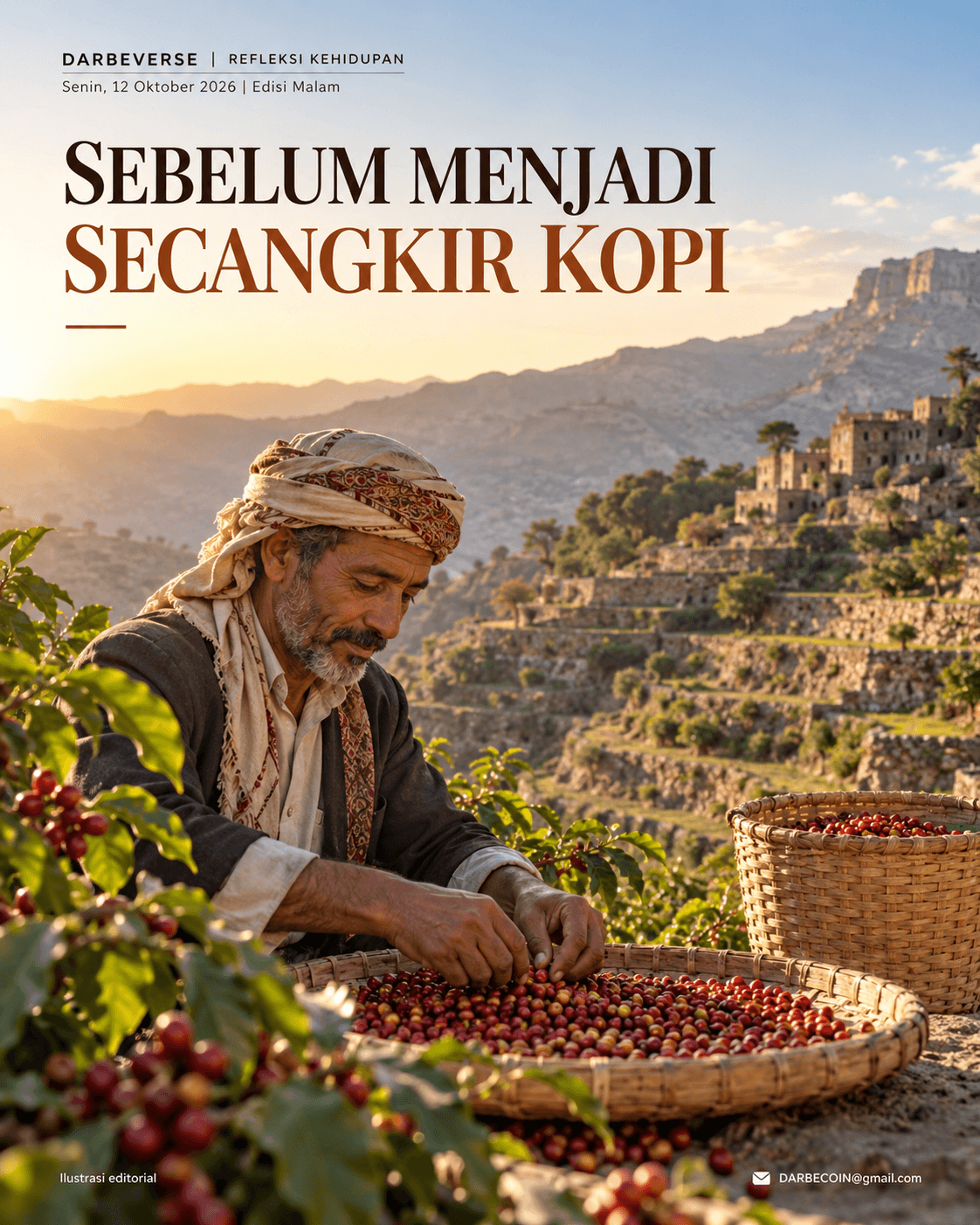 Ilustrasi editorial Darbeverse: petani kopi di pegunungan Yaman menyortir buah kopi, dengan judul Sebelum Menjadi Secangkir Kopi.