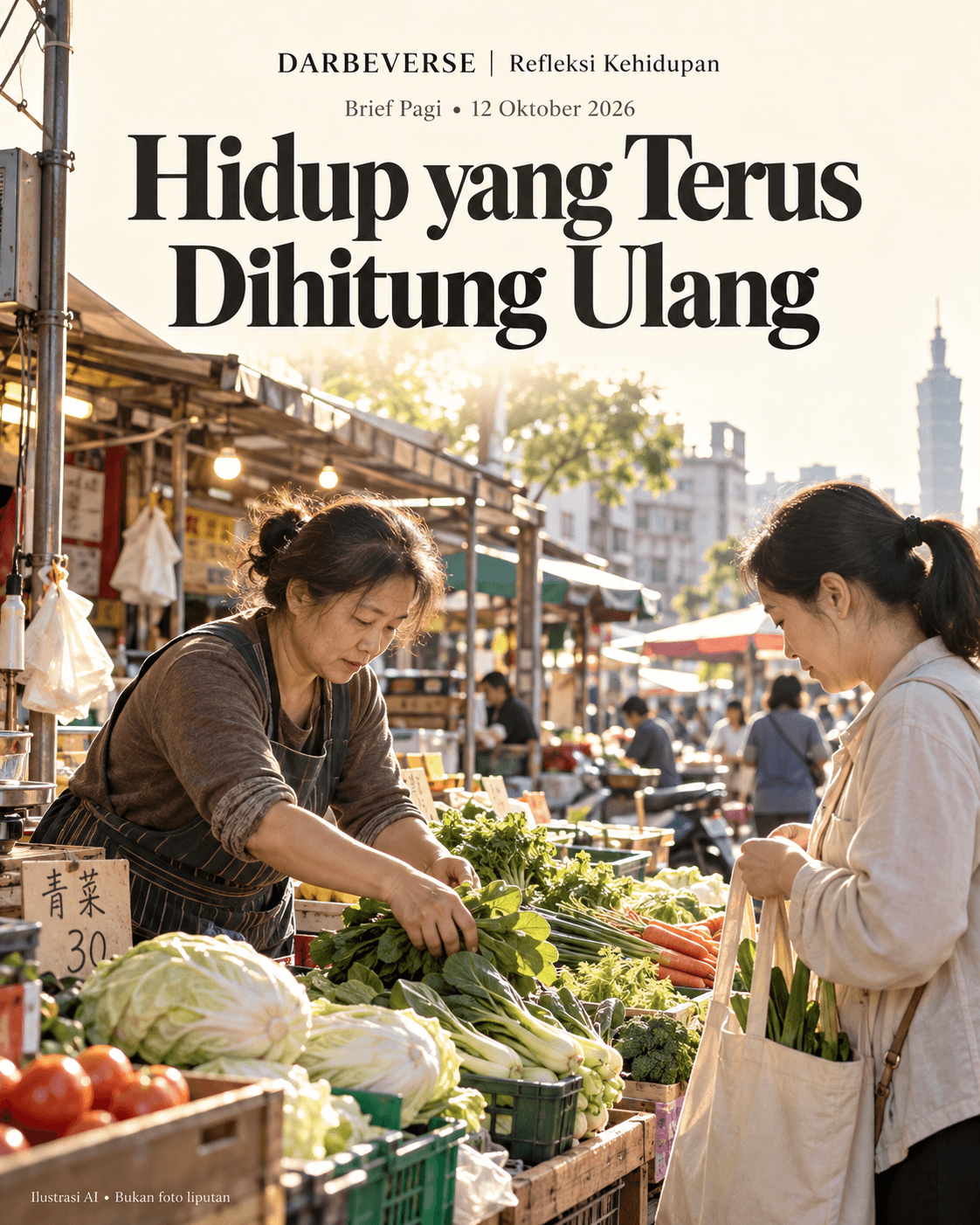 Poster ilustrasi AI Darbeverse: suasana pagi di pasar, Hidup yang Terus Dihitung Ulang.